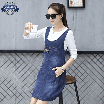 Robe Salopette Courte Jean Bleue