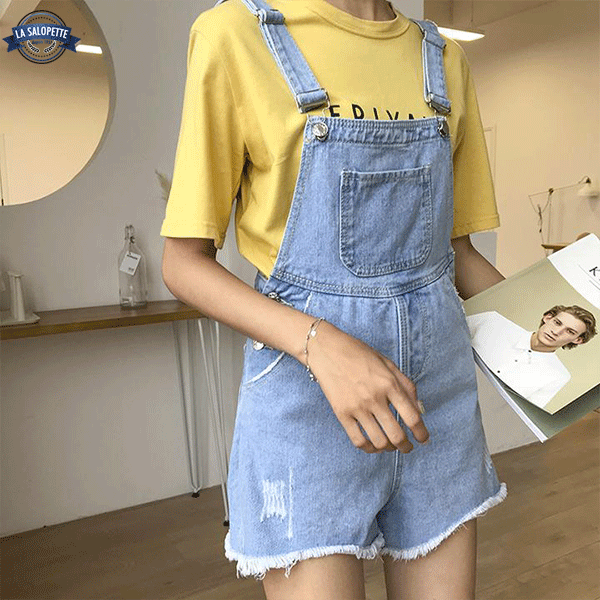 오버롤 반바지<br> 하늘색 여성
