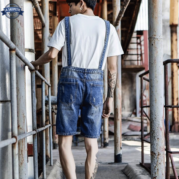 오버롤 반바지<br> 남성용 워싱 블루 데님